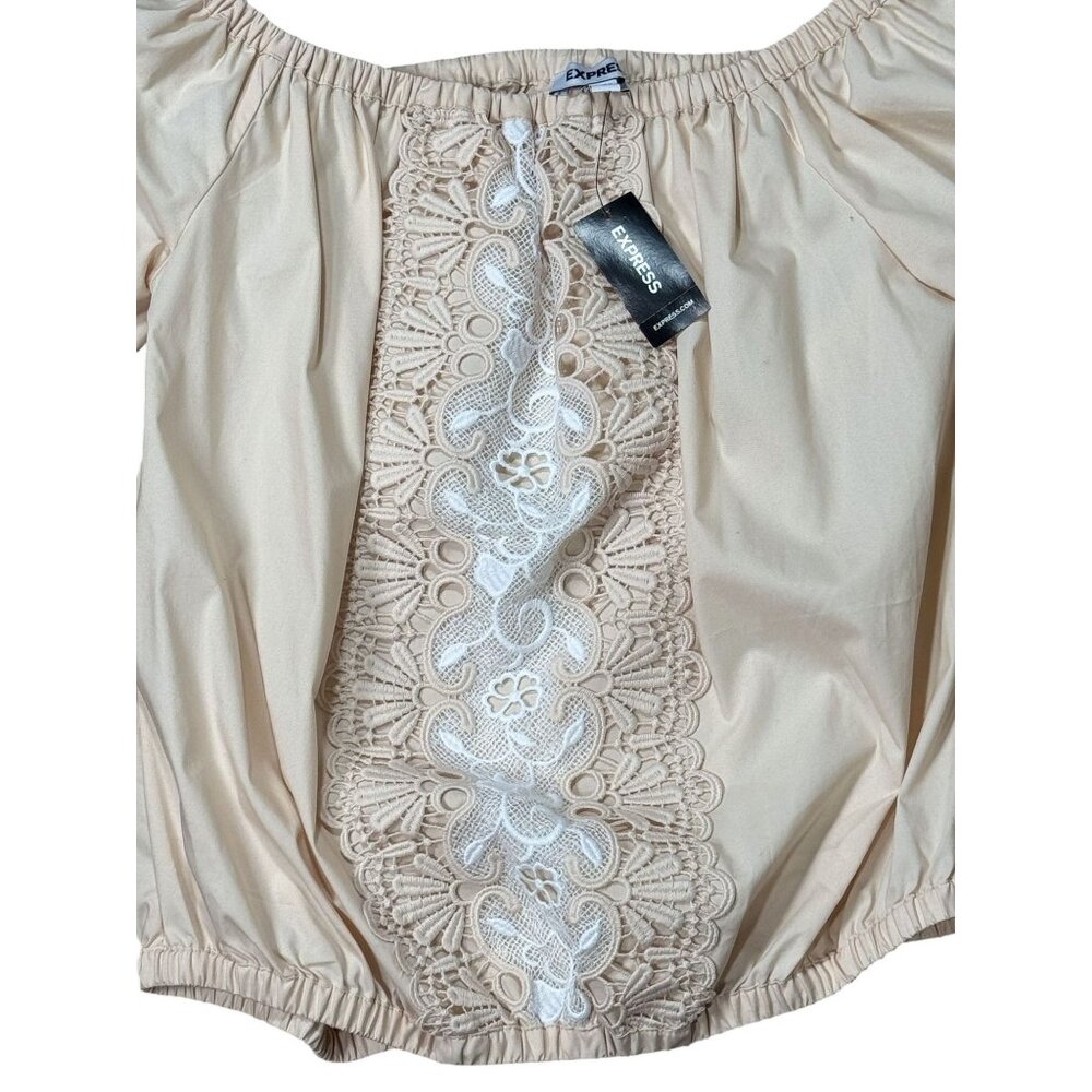 New Express Size S Women Off-Shoulder Beige Blouse With Lace Detail